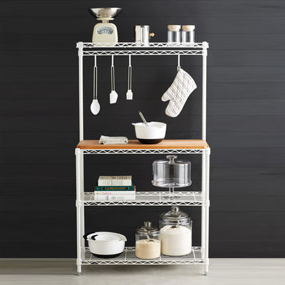 Baker's Wire Metal Shelving Rack White Powder Coating Steel With Wooden Shelf