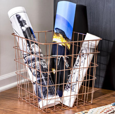 Carbon Steel Rectangle 13 Inch Wire Basket Copper Magazine Storage Basket