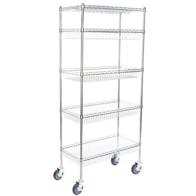 5 Layers Mobile Metal Wire Rack Basket Shelving Unit Chrome Surface Finish