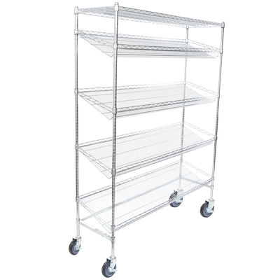 4 Slanted Home Wire Shelving / 1 Flat Shelf Mobile Merchandising Cart For Kitchen