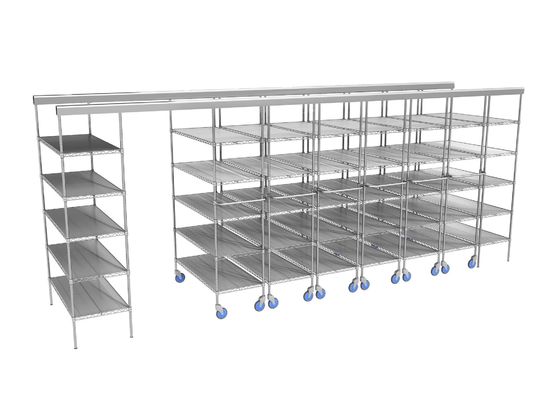 Space Saving Top Track Mobile Wire Shelving With Plastic Storage Containers 86" High For Small Parts
