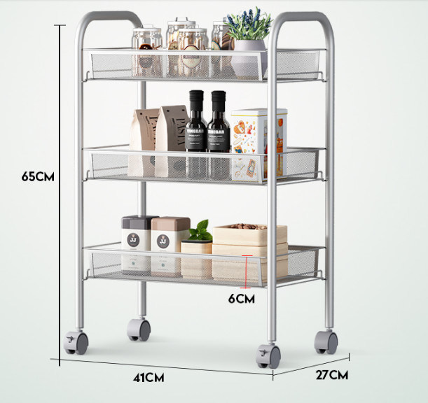 Silver Kitchen Basket Rolling Cart Wire Storage Shelves With Wheels 11" Deep