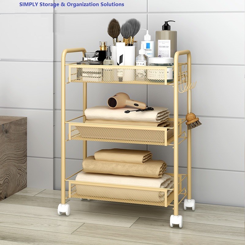 Golden Kitchen Basket Movable Cart Home Wire Shelving Mobile Simple Assembly