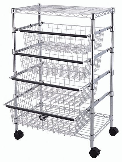 SS304 Wire Utility Cart With 4 Adjustable Drawers & Wheels for Easier Mobility