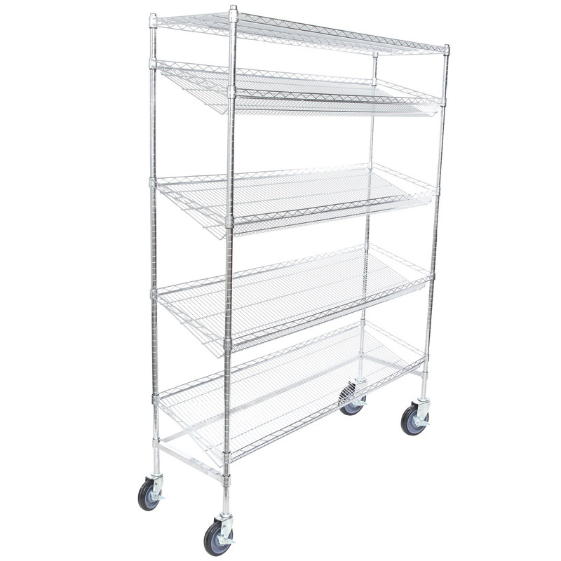 4 Slanted Home Wire Shelving / 1 Flat Shelf Mobile Merchandising Cart For Kitchen